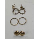 THREE PAIRS OF LADIES 9CT YELLOW GOLD EARRINGS, TOTAL WEIGHT 2.6 GRAMS