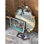AN ORNATE GILT FRAMED MIRROR AND THREE PICTURES TO INCLUDE DOGS PLAYING POOL