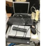 A LARGE QUANTITY OF COMPUTER ITEMS TO INCLUDE KEYBOARDS, MONITOR, MOUSE AND HUMAX PAYER WITH