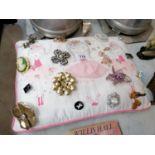 A CUSHION OF ASSORTED COSTUME JEWELLERY BROOCHES