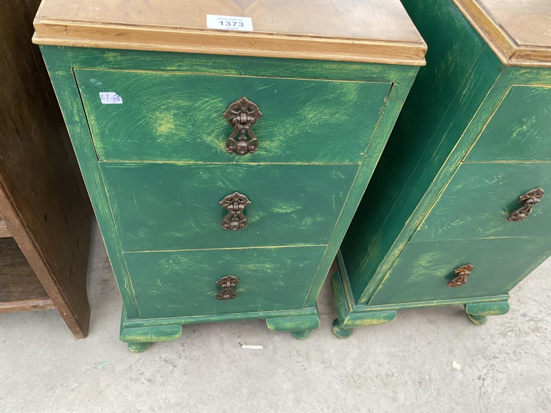 TWO WALNUT AND GREEN SHABBY CHIC BEDSIDE CHESTS OF THREE DRAWERS - Image 3 of 3