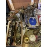 A COLLECTION OF ASSORTED ITEMS TO INCLUDE BRASS BADGES, SILVER PLATED PHOTO FRAME, COCKTAIL SHAKER