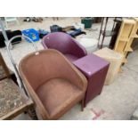 A KITCHEN STOOL,FIVE LLOYD LOOM STYLE ITEMS - TWO ARMCHAIRS AND THREE LINEN BASKETS, TWO CD RACKS