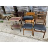 SEVEN ITEMS - FIVE VARIOUS DINING CHAIRS, A TEA TROLLEY AND A DEMI LUNE WROUGHT IRON CONSERVATORY