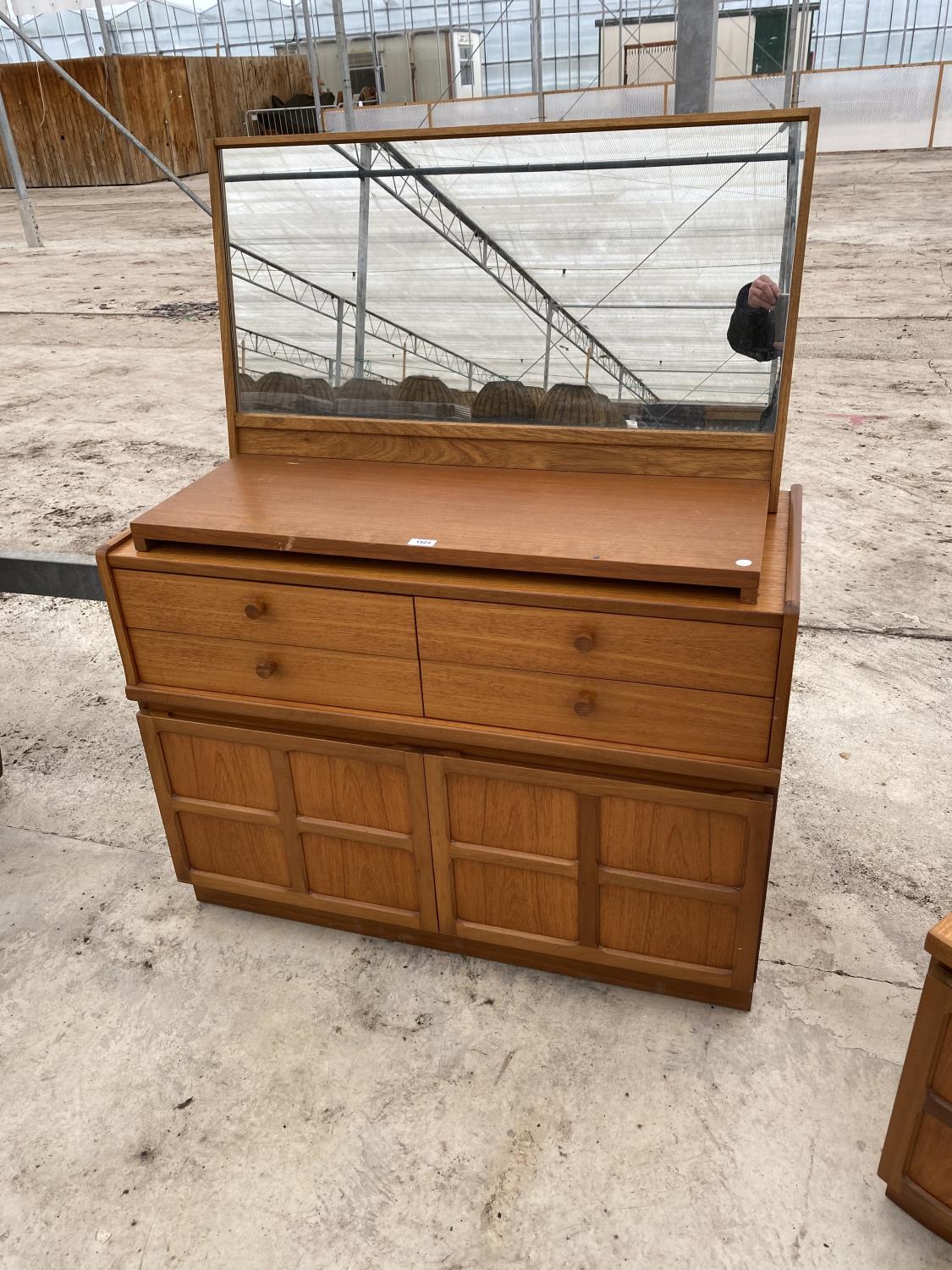 A RETRO NATHAN TEAK DRESSING TABLE WITH TWO DOORS, FOUR DRAWERS AND UPPER MIRROR