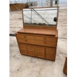 A RETRO NATHAN TEAK DRESSING TABLE WITH TWO DOORS, FOUR DRAWERS AND UPPER MIRROR