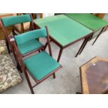 TWO FOLDING CHAIRS AND TWO FOLDING CARD TABLES WITH GREEN BAIZE TOPS