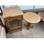 A SMALL PINE CABINET WITH SINGLE GLAZED DOOR AND A SMALL OAK OCCASIONAL TABLE