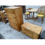 A PINE CHEST OF TWO SHORT AND ONE LONG DRAWER AND A PINE CHEST OF FIVE DRAWERS