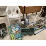 A LARGE COLLECTION OF GARDEN ITEMS TO INCLUDE TWO PLASTIC CHAIRS, TOOLS, GALV WATERING CAN, AND