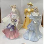 FOUR CERAMIC LADY FIGURES TO INCLUDE COALPORT 'SHELLEY' AND 'CATHERINE' FIGURES