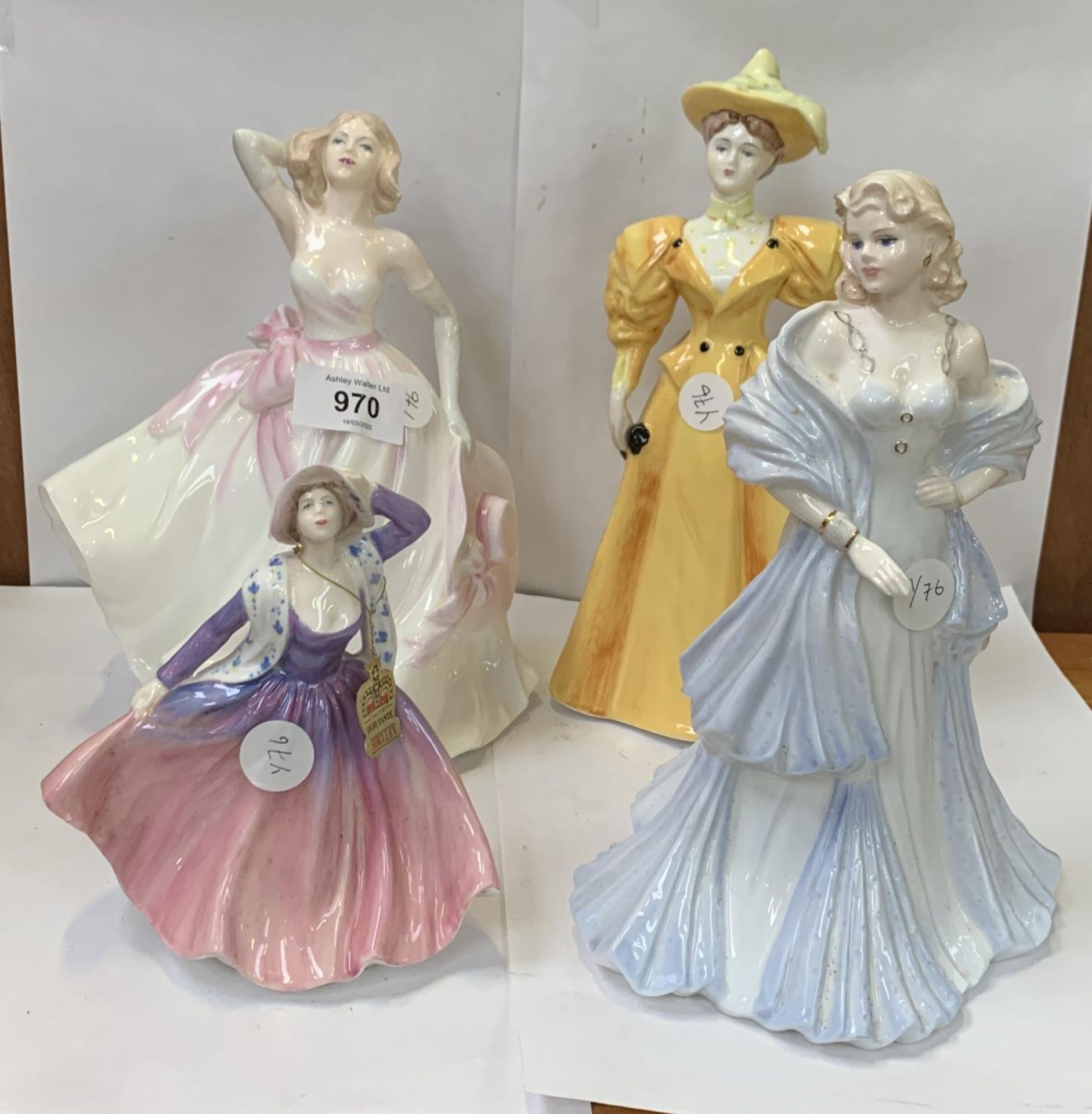 FOUR CERAMIC LADY FIGURES TO INCLUDE COALPORT 'SHELLEY' AND 'CATHERINE' FIGURES