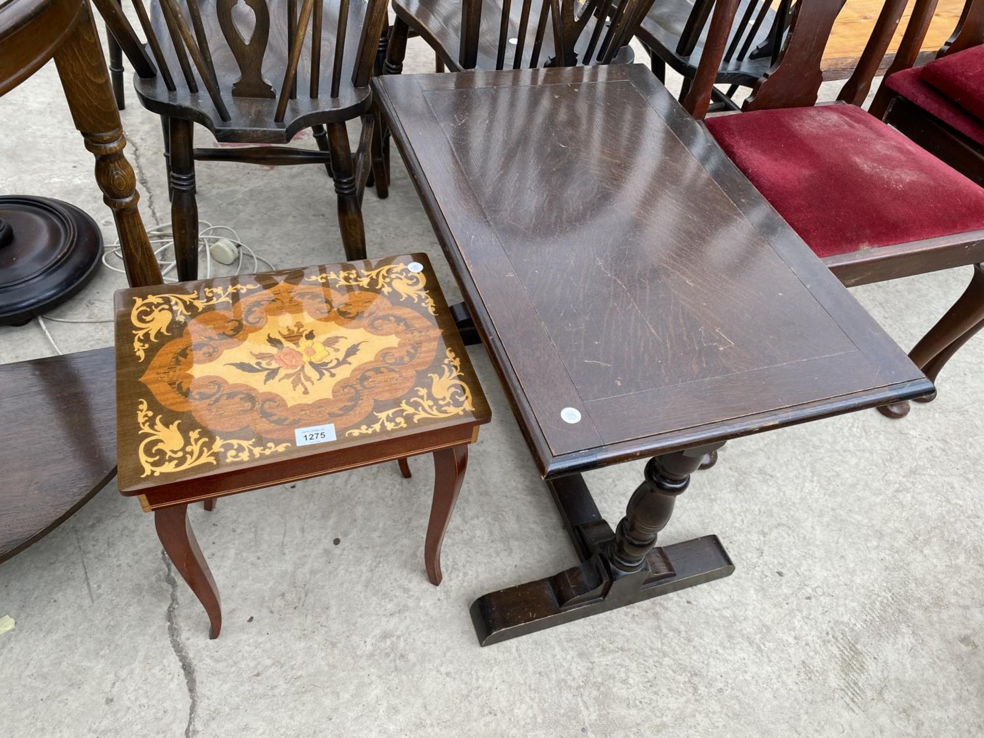 AN ITALIAN INLAID MAHOGANY SEWING TABLE WITH HINGED TOP AND A MAHOGANY COFFEE TABLE