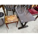 AN ITALIAN INLAID MAHOGANY SEWING TABLE WITH HINGED TOP AND A MAHOGANY COFFEE TABLE