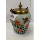 A GLASS AND ENAMLE HONEY POT WITH YELLOW METAL LID