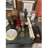 A COLLECTION OF ASSORTED ITEMS TO INCLUDE CLOCK, FIGURES, MINIATURE GUITAR MODEL, BARREL ETC