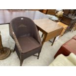 FOUR ITEMS - A LLOYD LOOM STYLE BEDROOM CHAIR, A FORMICA DROP LEAF KITCHEN TABLE, A SMALL WHITE