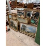 SIX VARIOUS LARGE FRAMED PAININGS PRINTS AND MIRRORS