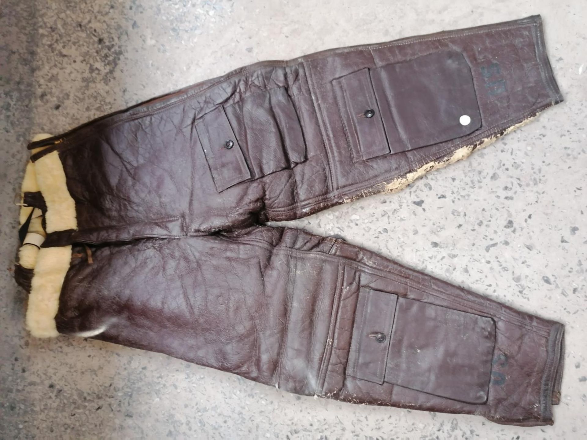 A PAIR OF VINTAGE U.S.A BOMBER PILOT'S LEATHER AND SHEEPSKIN TROUSERS - Image 2 of 2