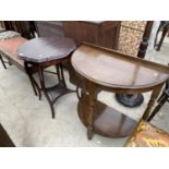 A MAHOGANY OCCASIONAL TABLE AND AN OAK DEMI LUNE TABLE