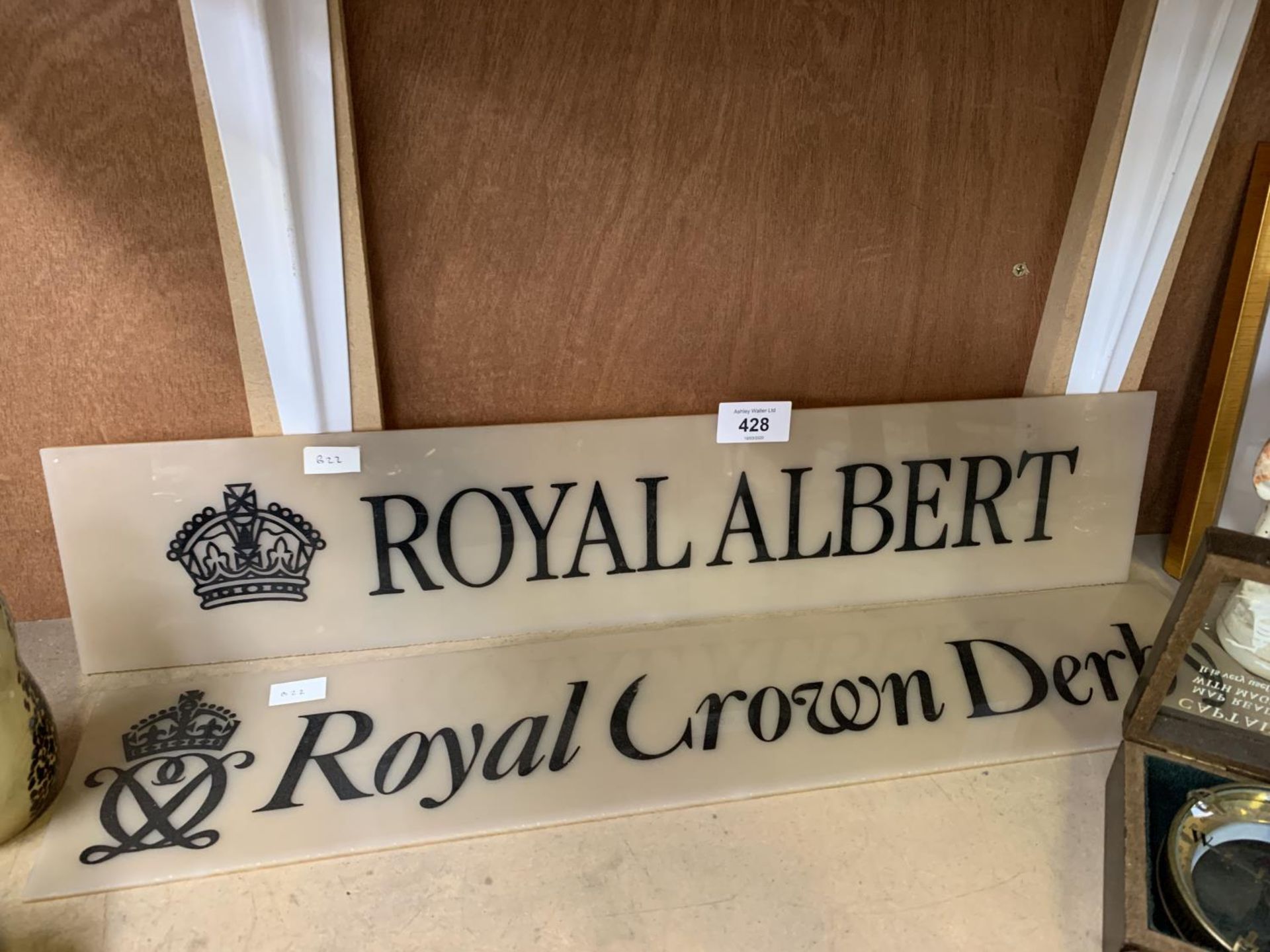 TWO ADVERTISING SIGNS - ROYAL CROWN DERBY AND ROYAL ALBERT