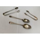TWO SILVER HALLMARKED SPOONS AND TWO SILVER TONGS