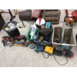 VARIOUS ITEMS TO INCLUDE TOOLS, LAMP. LIGHTS, SHOE LAST, NAILS, SCREWS ETC