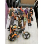 A COLLECTION OF TEN VARIOUS ACTION MEN FIGURES AND BIYCLE ACCESSORY