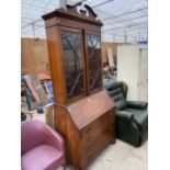 A MAHOGANY BUREAU BOOKCASE WITH FALL FRONT, FOUR DRAWERS AND TWO UPPER GLAZED DOORS