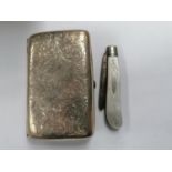 A HALLMARKED SILVER CIGARETTE CASE AND SILVER AND MOTHER OF PEARL FRUIT KNIFE (2)