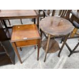 A SMALL OAK SEWING TABLE WITH HINGED TOP AND A MAHOGANY OCCASIONAL TABLE WITH LOWER SHELF