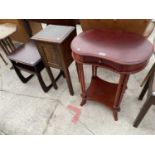 THREE ITEMS - A SMALL MAHOGANY HALL TABLE WITH SINGLE DRAWER, AN OAK POT CUPBOARD AND A SMALL