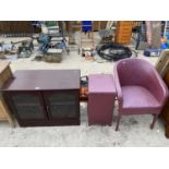 A MAHOGANY CABINET WITH TWO DOORS AND TWO LLOYD LOOM ITEMS - A LINEN BASKET AND BEDROOM CHAIR