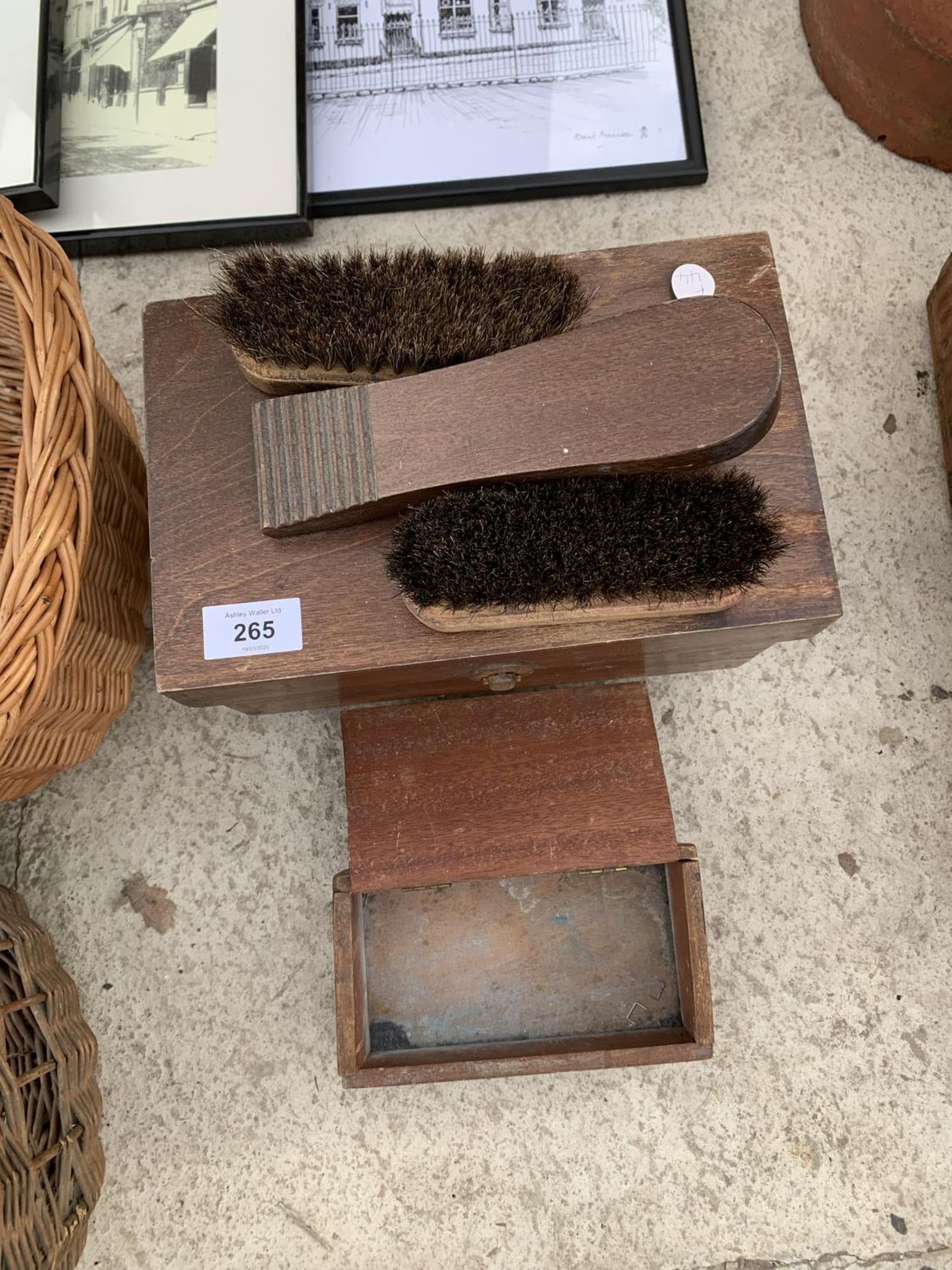 VARIOUS WICKER BASKETS AND A SHOE CLEANING BOX ETC - Image 2 of 3