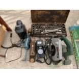 VARIOUS TOOLS TO INCLUDE A BOSCH PKS54 SAW, A PUMP, SOCKET SET, DRILL ETC