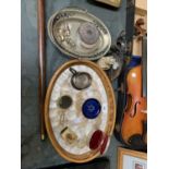 A COLLECTION OF ASSORTED ITEMS TO INCLUDE WEDGWOOD CLOCK, SILVER PLATE ETC