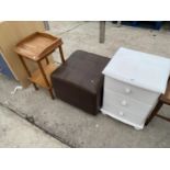 A WHITE BEDSIDE CHEST, A FOOTSTOOL AND A PINE BEDSIDE TABLE