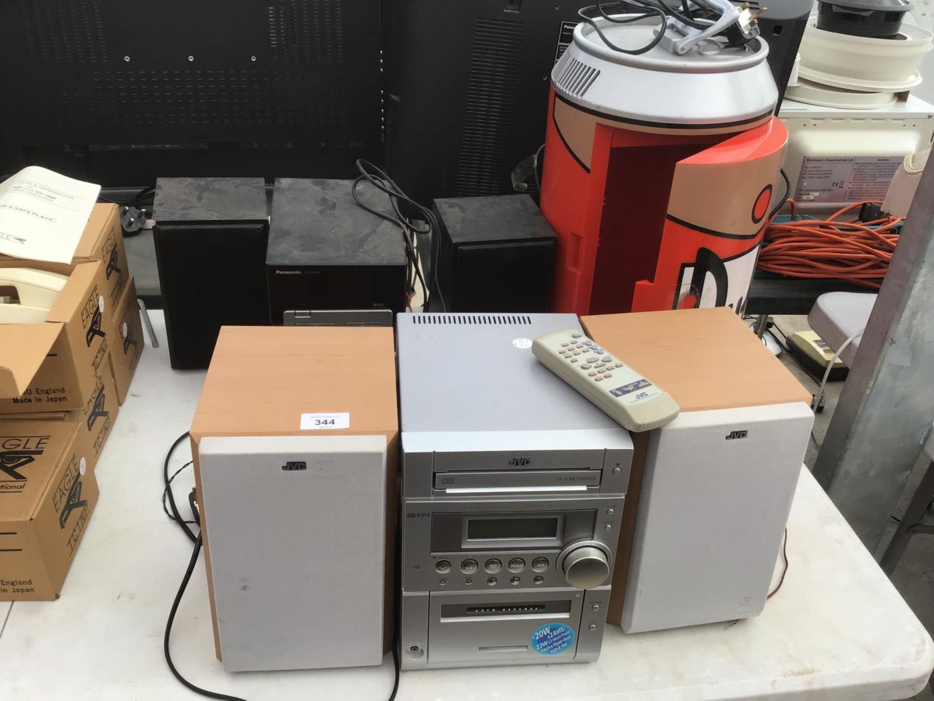 TWO HI FIS WITH SPEAKERS AND A 'DUFF BEER' FRIDGE IN WORKING ORDER