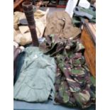 A MIXED LOT OF ARMY CLOTHING - BRITISH ARMY CAMO JACKET AND TROUSERS ETC