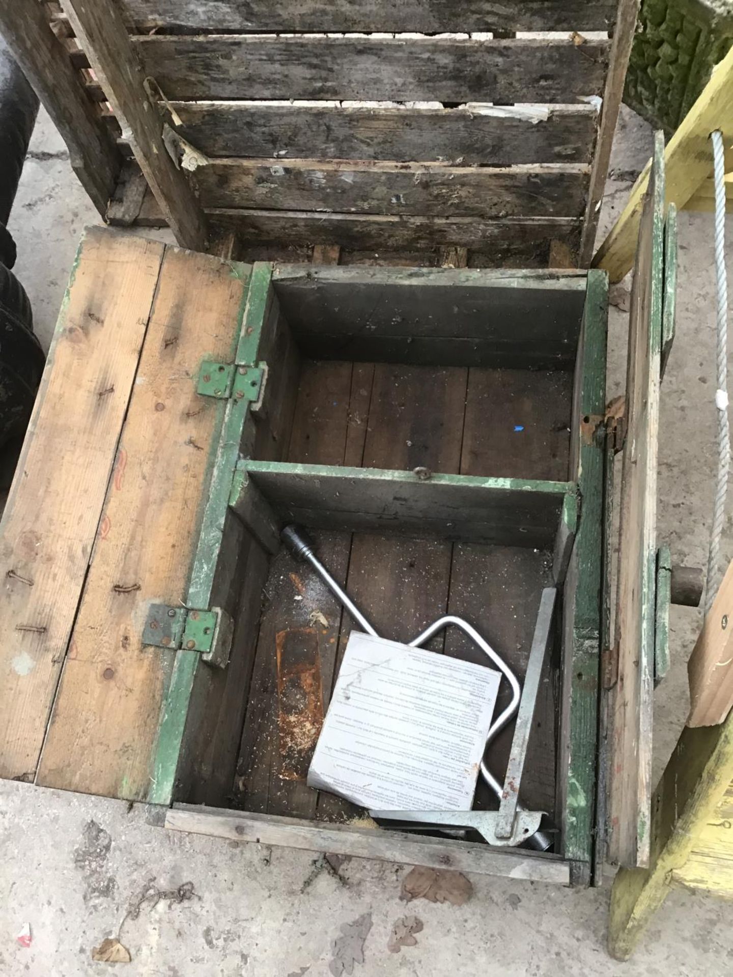 A VINTAGE FOUR RUNG STEP LADDER (REPAIRED), A WOODEN CHEST, TWO WOODEN POTATO BOXES ETC - Image 2 of 2