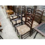 FOUR OAK LADDER BACK DINING CHAIRS AND TWPO CARVERS