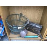 A VINTAGE POTATO BASKET, A GARDEN SPRAYER AND AMMUNITION BOX