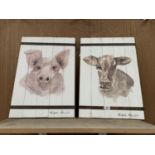 TWO WOODEN FARMYARD PICTURES