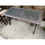 A PATIO DINING TABLE WITH CAST IRON ENDS AND LATTICE TOP