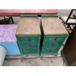 TWO WALNUT AND GREEN SHABBY CHIC BEDSIDE CHESTS OF THREE DRAWERS
