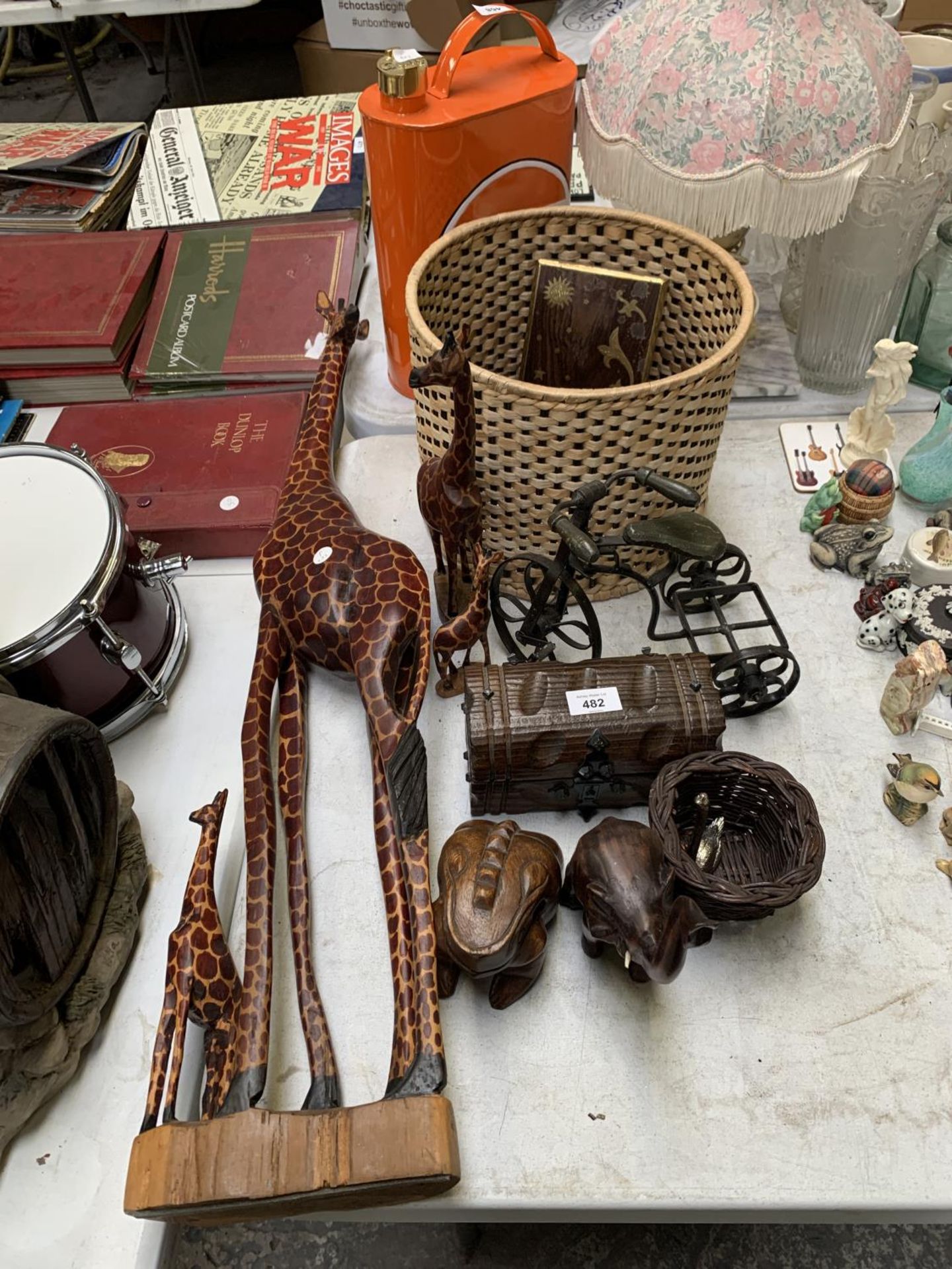 A COLLECTION OF ASSORTED WOODEB ANIMAL FIGURES TOGETHER WITH MODEL BICYCLE, WICKER BASKET ETC