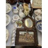 A COLLECTION OF MIXED CERAMICS TO INCLUDE WADE JUG TOGETHER WITH MIRROR, FRAMED PICTURE ETC