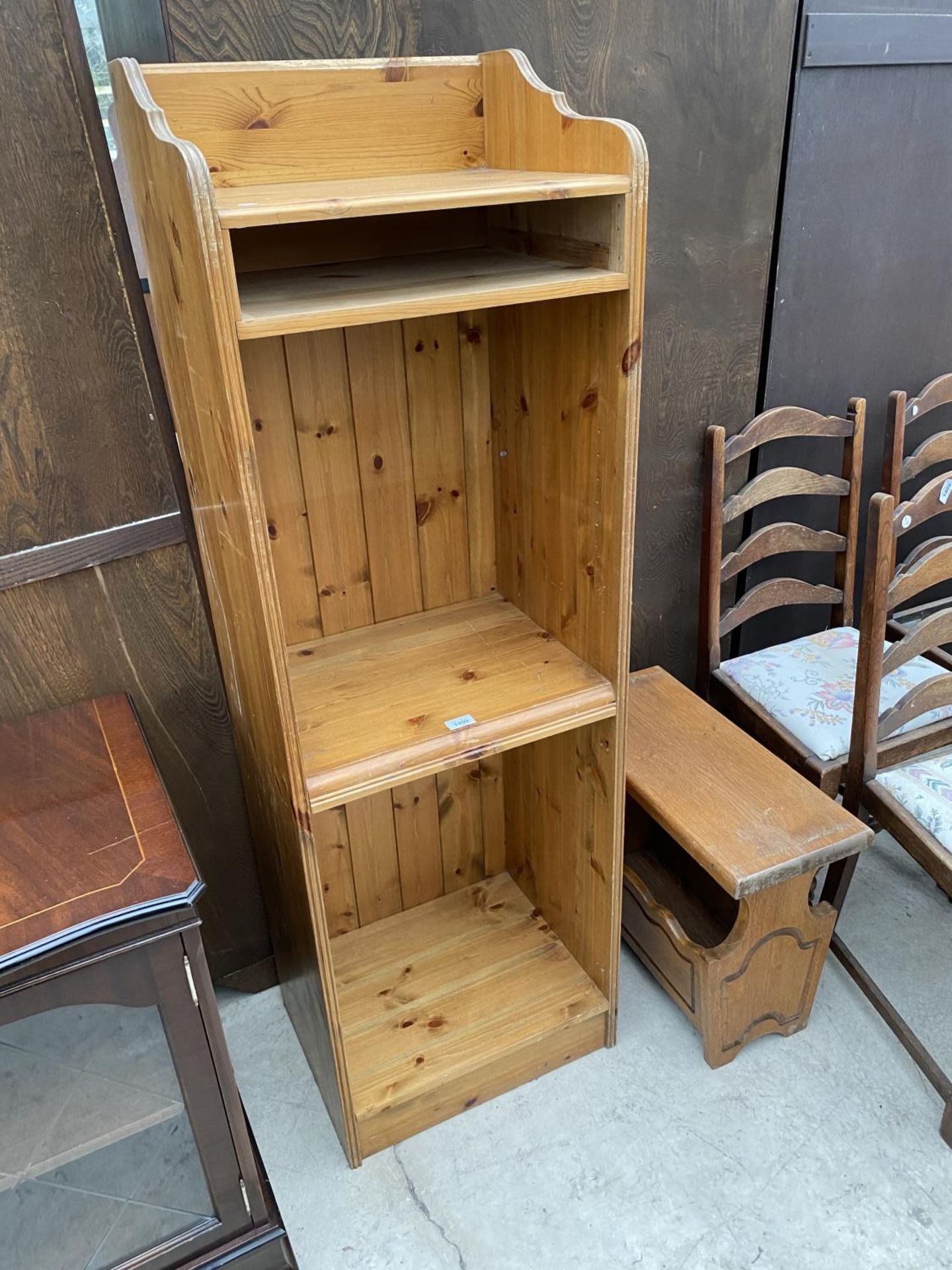 A PINE BOOKSHELF AND AN OAK MAGAZINE RACK TABLE