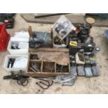 A LARGE QUANTITY OF SCREWS, NAILS ETC, A PALM SANDER IN WORKING ORDER, GATE FITTINGS, DOOR KNOBS AND
