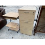 A BEECH EFFECT THREE DRAWER FILING CABINET AND DESK